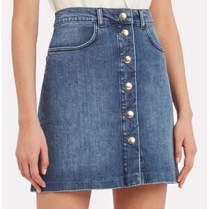 FRAME Denim Claire Mini Skirt Gold Button High Rise A-Line Medium Wash Blue